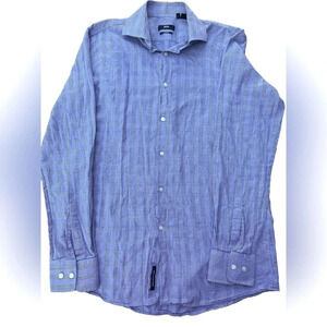 Boss Sharp Fit Checkered Light Blue Collared Button Down Dress Shirt Size 15.5